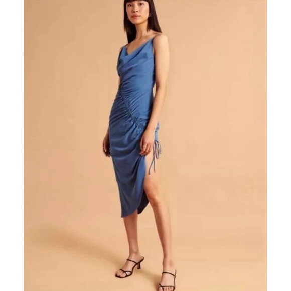 Abercrombie & Fitch Asymmetrical Cinched Midi Dress Medium Blue NWT - Stain - Picture 9 of 9